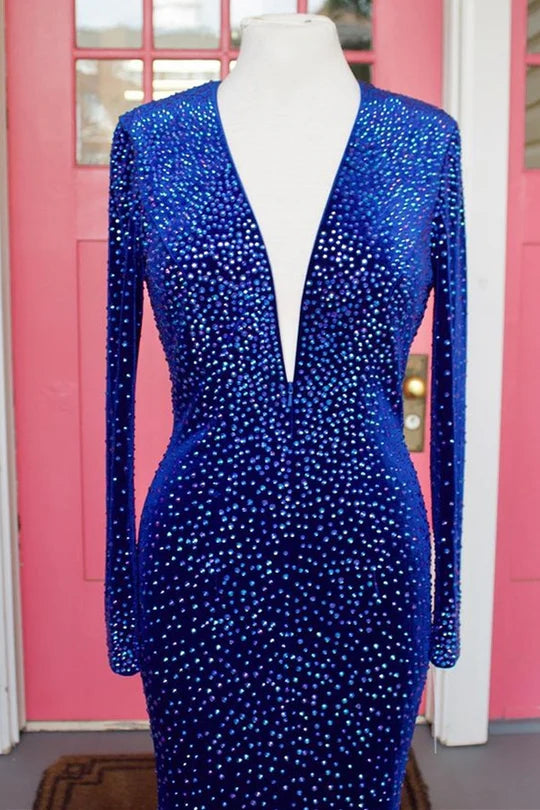 Vestido de fiesta de sirena de manga larga con cuentas de terciopelo